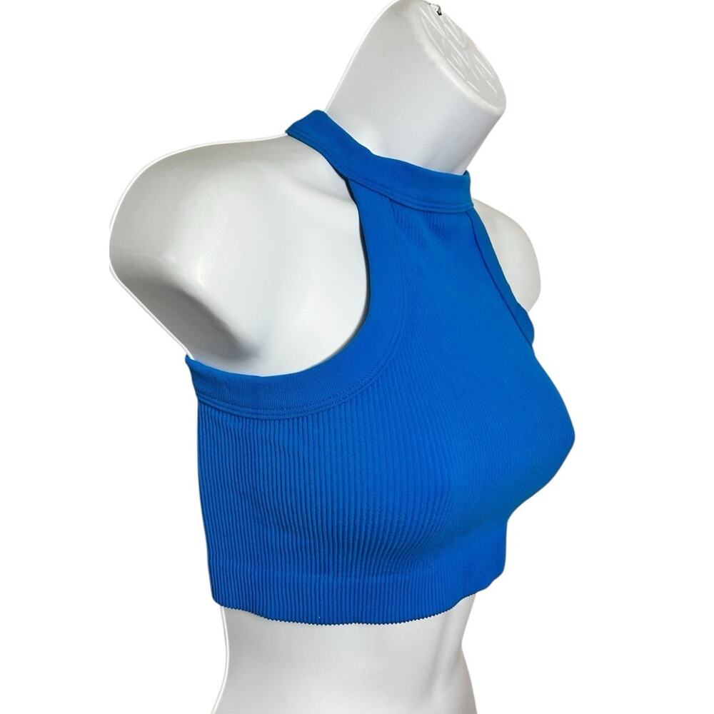 Cotton On Blue Ribbed Crop Tank Top Sz XS/S High Neck Stretch - Picture 3 of 5